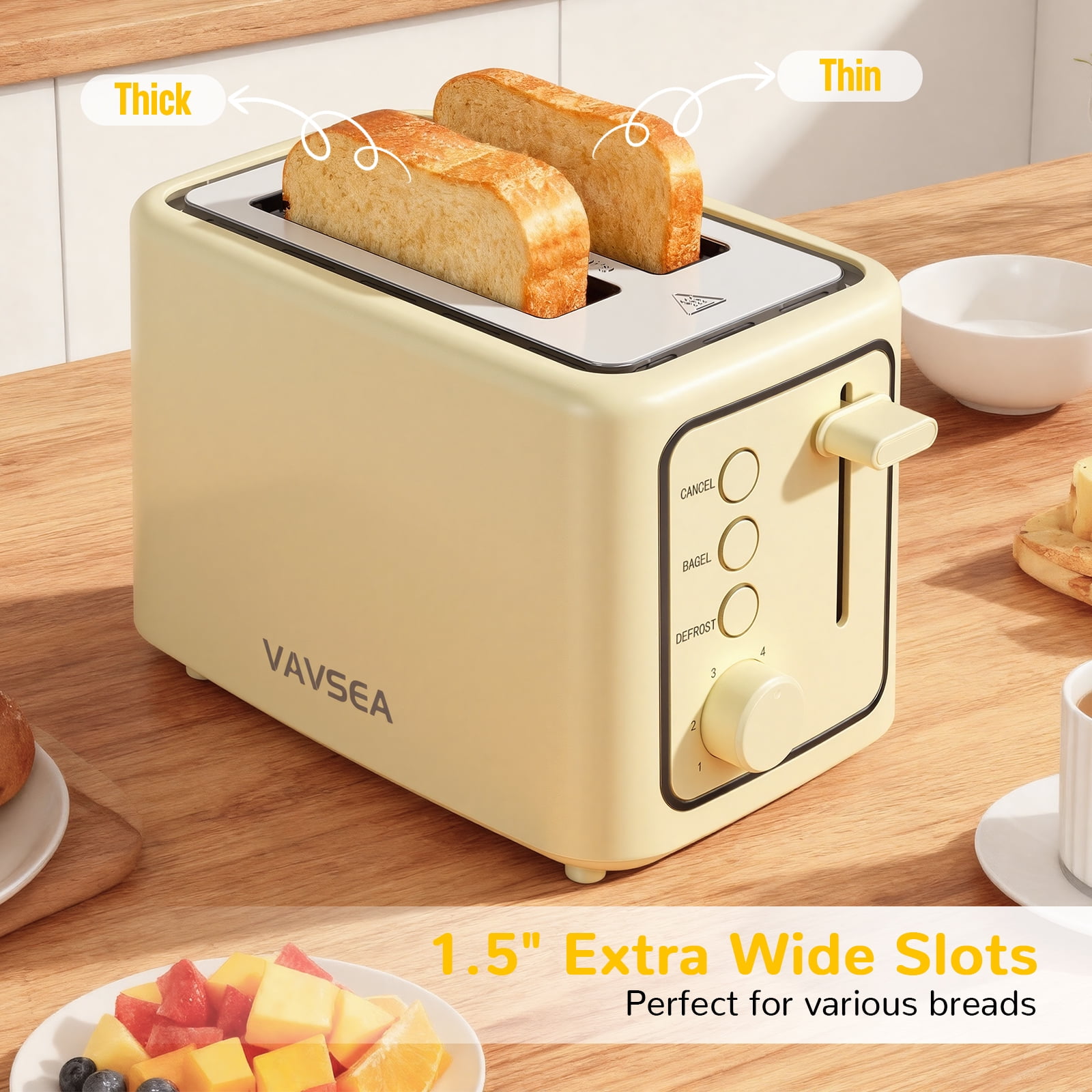 VAVSEA 2 Slice Toaster, 1000W Bread Toaster Machine with Extra Wide Slot, 6 Shade Settings and LED for Bagels, Waffles, Bread, Removable Crumb Tray, Breakfast Helper, Gifts for Christmas