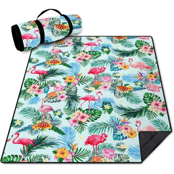Extra Large Outdoor Picnic Blankets Waterproof Foldable 60" X 80", Flamingo Boho Beach Mat Essentials Accessories,Portable Packable Thick Floral Rug for Travel Camping Hiking