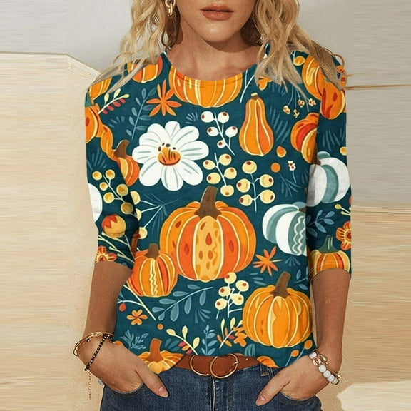 VKOYWKM Womens Thanksgiving 3/4 Sleeve Tops Halloween Pumpkin Graphic T Shirts Thankful Grateful Blessed T-Shirts Fall Top