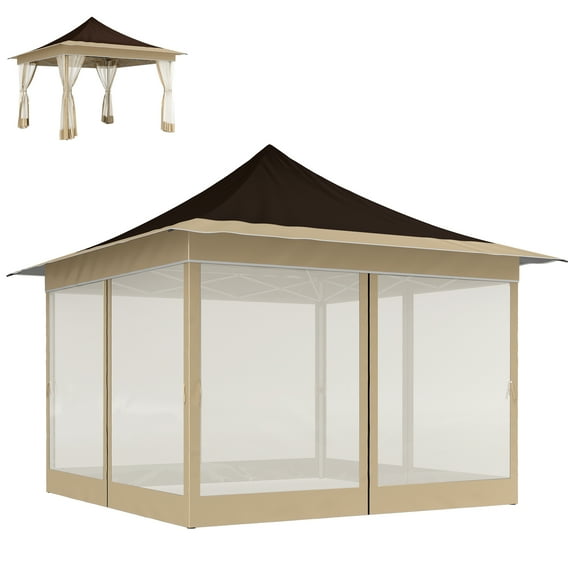 Homiyad 12' x 12' Canopy Tent with Mesh Netting, UPF50 Pop Up Tent with Carry Bag for Garden, Patio, Brown