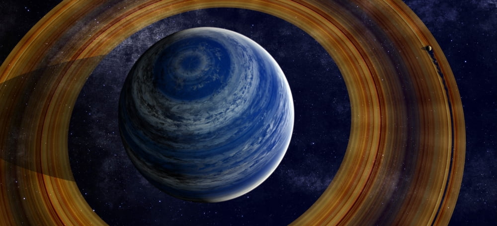 A ringed blue gas giant with shepherd moon in the rings Canvas Art - Frieso HoevelkampStocktrek Images (42 x 20)