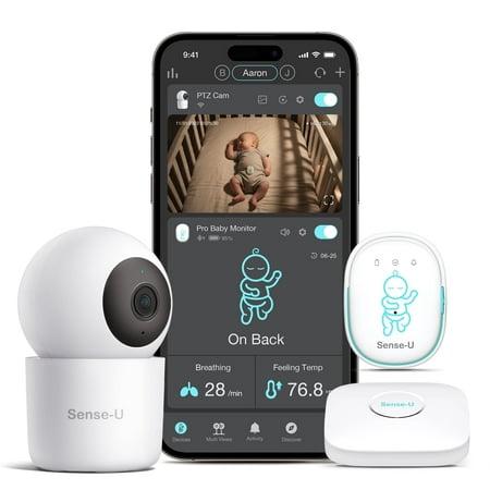 Sense-U Smart Baby Monitor Pro(Long Range)+2.5K PTZ Camera: Track Abdominal Movement with Arousal Vibration, Rollover, Feeling Temp, 2K Video, Background Sound & Motion Detection, No Monthly Fee
