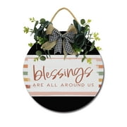 Blessings Are All Around Us Wooden Front Door Sign Rustic Round Wreath Wall Hanger Porch Decor Four Seasons Farmhouse Decoration Housewarming Gift 12 Inches