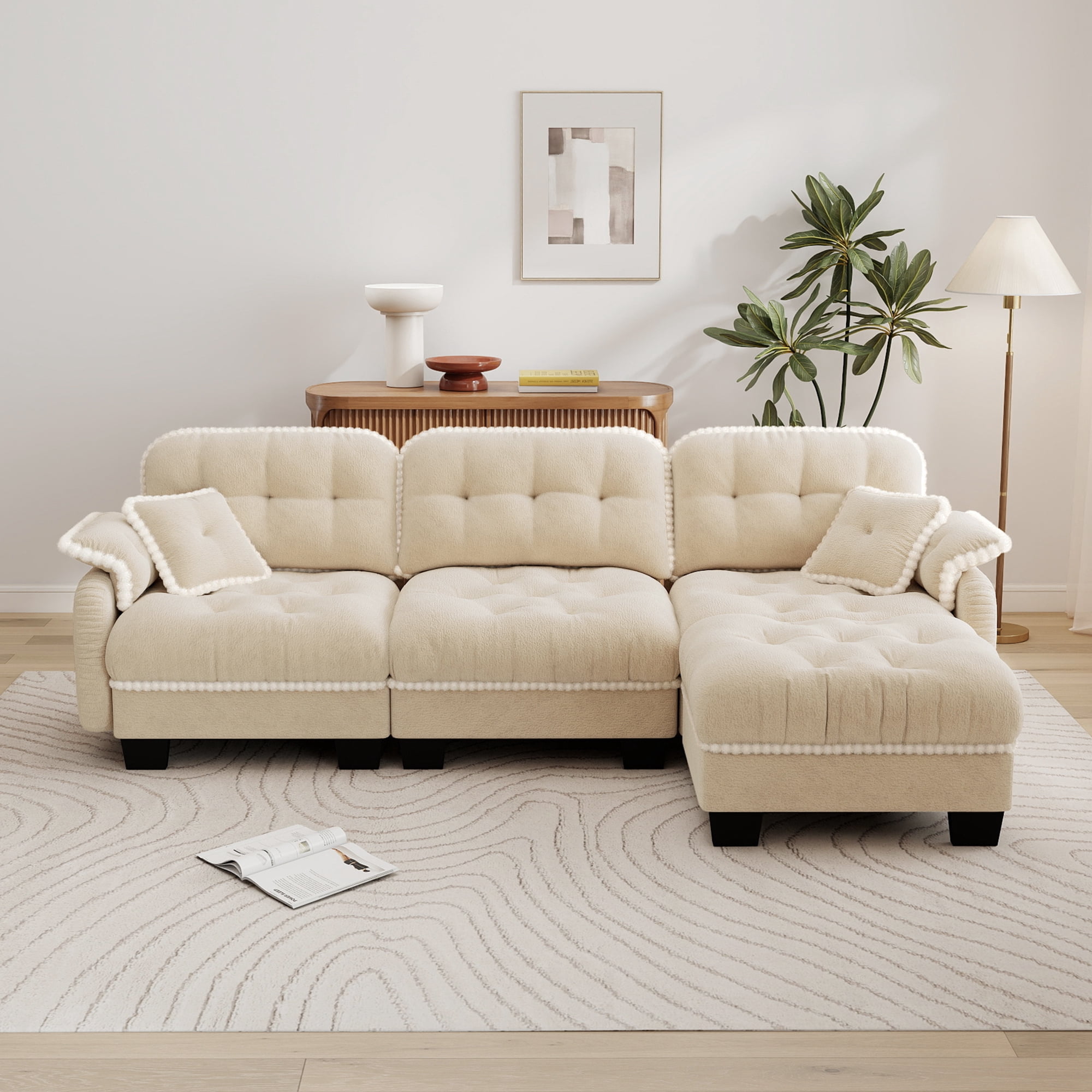 Aenkyo 100" Chenille Modular 3-Seater Sectional Sofa with Movable Ottoman, Beige