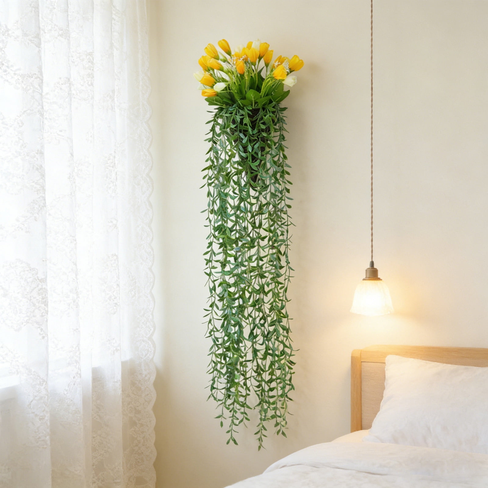 Votnto 9.84×39.37IN Artificial Tulip Hanging Planter, Faux Green Weeping Vine with Tulip Blooms for Wedding Wall Home Decor