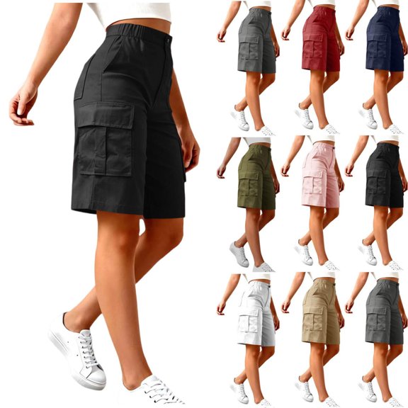 Oksale Womens Cargo Shorts Stretch High Waisted Bermuda Shorts with Pockets Casual Cozy Climbing Hiking Shorts Black M