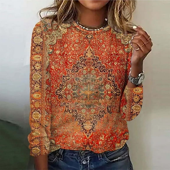 POTETI Womens Shirts Basic Winter Casual Printed Long Sleeved Round Neck Loose T-shirt Long Sleeved Round Neck Red Blouse for Girls