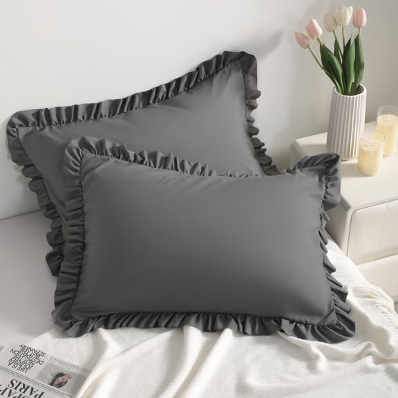 Lorviah 2 Pack Ruffle Pillow Cases, Ultra Soft & Breathable 20"x30" Queen Size Ruffled Pillow Covers, Pillow Shams with Envelope Closure, Dark Grey
