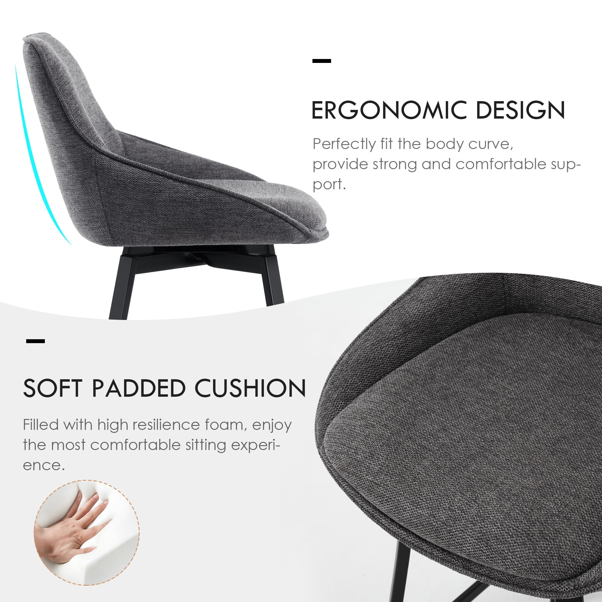 Zesthouse 25.6" Swivel Counter Height Bar Stools Set of 2, Modern Counter Height Chairs with Backs and Metal Legs, Upholstered Linen Barstools for Kitchen Island, Dark Gray