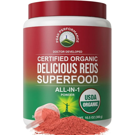 Peak Performance Organic Reds Superfood Powder, Best Tasting Organic Red Juice Super Food w/ 25  All Natural Ingredients & Polyphenols, Vital for Max Energy and Detox. Raspberry, Elderberry, Beetroot