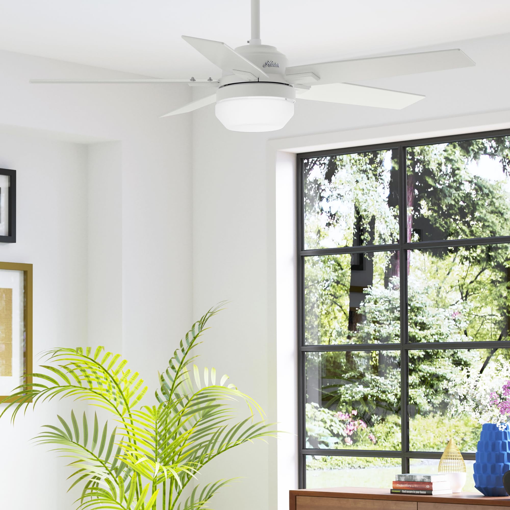 Restored Hunter Fan 52 Inch Matte White Ceiling Fan with Light and Remote Control, Indoor Ceiling Fan for Living Room, Bedroom, Office, Laundry Room, Basement (Refurbished)