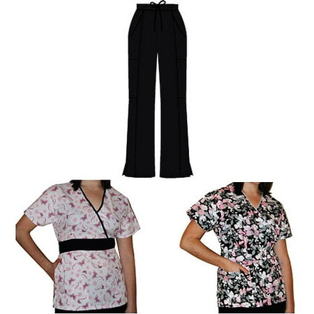 Medgear Scrub 3-Piece Combo Pack - White, Gray & Pink Floral, Black