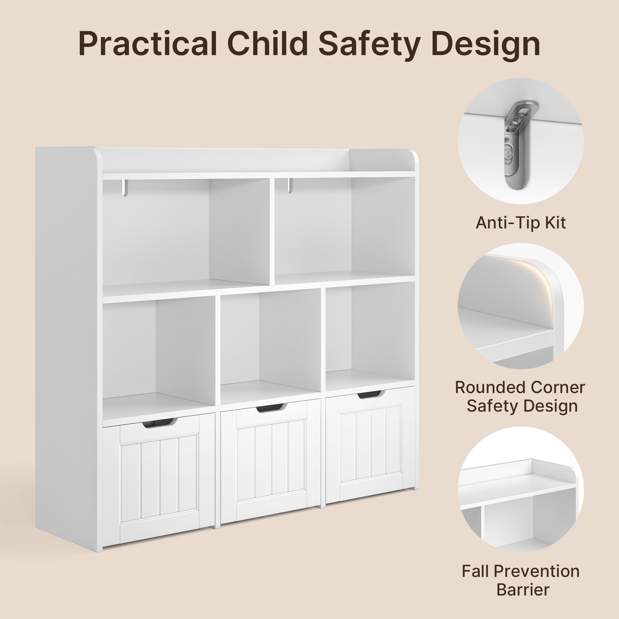 Toy Storage Organizer, Lofka Kids Bookcase with 3 Movable Drawers and 6 Open Shelves  for Nursery, Kids' Bedroom & Home, White