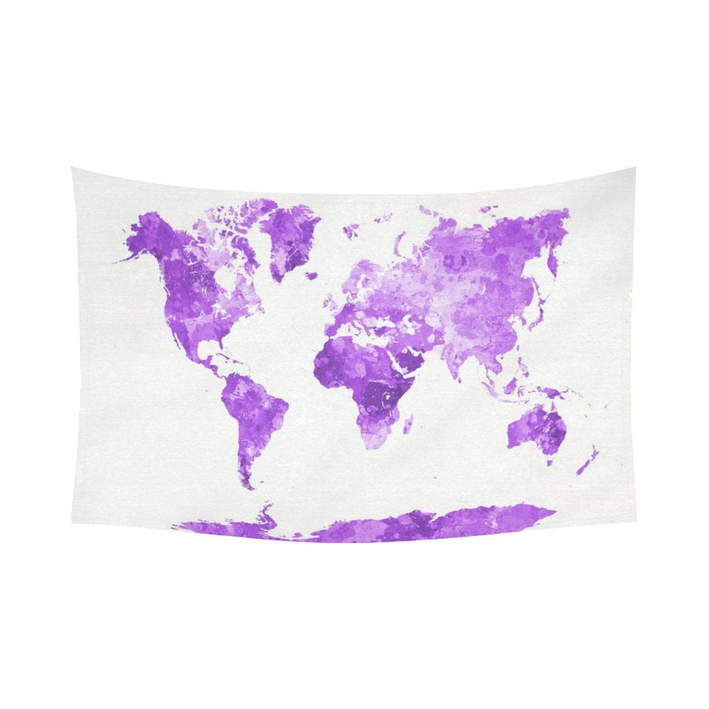 GCKG Watercolor Purple World Map Tapestry Horizontal Wall Hanging Abstract  Splatters Painting Wall Decor Art for Living Room Bedroom Dorm Cotton Linen  