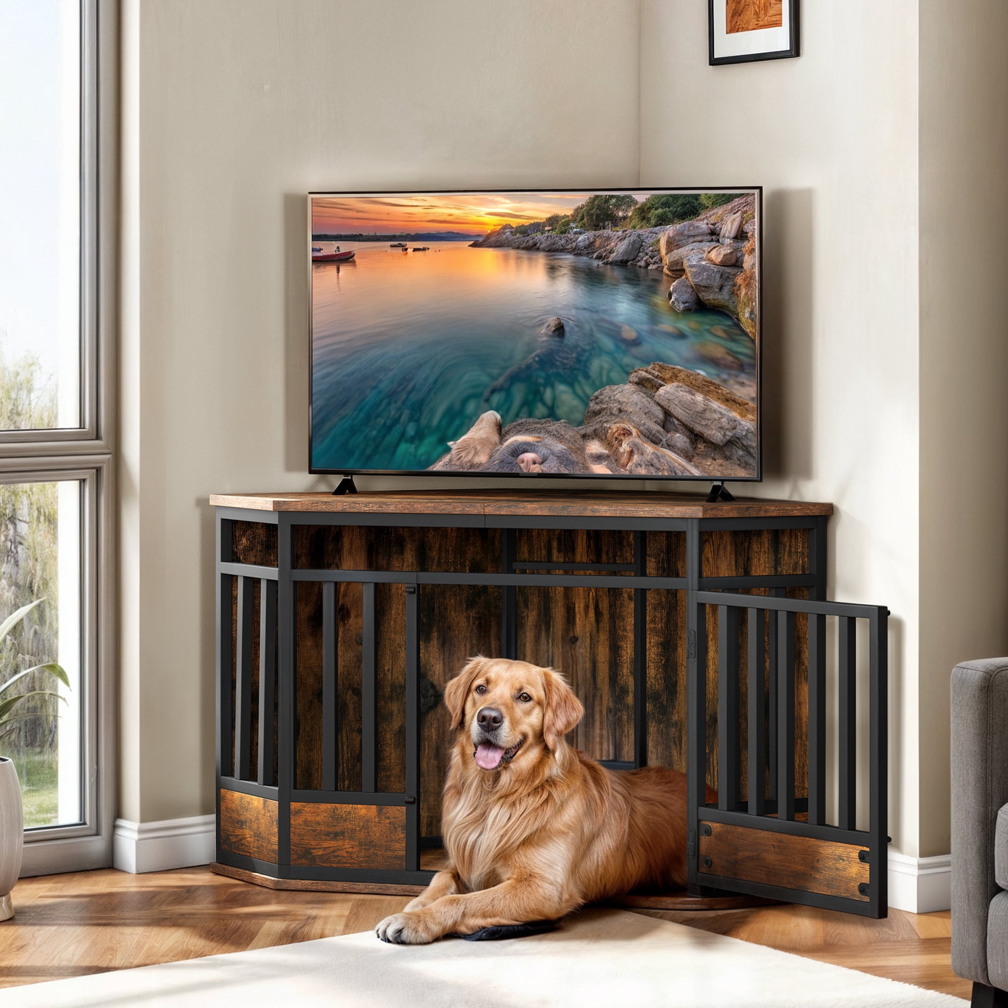 Uforic Farmhouse Corner TV Stand for TVs up to 55 inch With Wood Corner Dog Crate Furniture,Dog Kennel, TV Media Console, Walnut