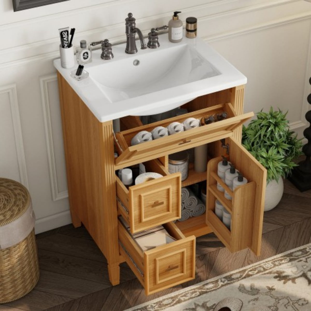 24" Bathroom Vanity with Sink, Modern Bathroom Cabinet with Ceramic Undermount Sink, Solid Wood & MDF Storage Cabinet with Flip Drawer, Adjustable Shelf, Natural
