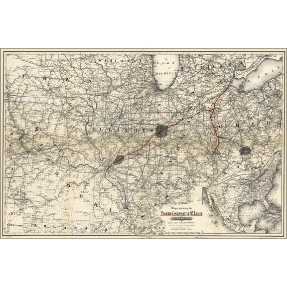 24"x36" Gallery Poster, Maps of Toledo Cincinnati St. Louis Railroad 1881
