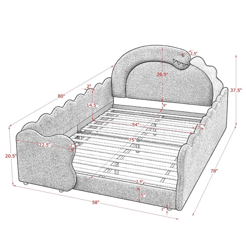 Full Size Kids Dinosaur-Shaped Platform Bed with Guardrails, Low-Profile Upholstered Boucle Fabric Playful Child Daybed Frame