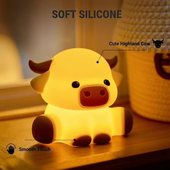 DAMAI Highland Cow Night Light, Squishy Silicone Highland Cow Lamp, Dimmable Touch Sensor Cute Animal Lamp, Soft Glow Night Light for Nursery, Bedroom, Christmas Gifts for Women