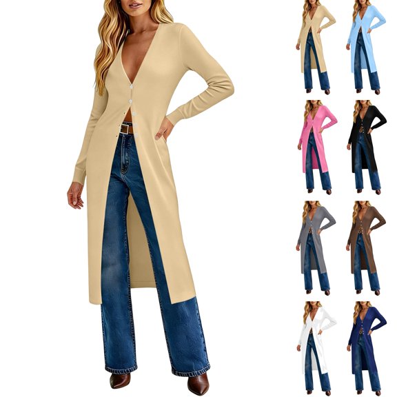 Feancey Long Cardigans for Women Lightweight Knit Dusters V Neck Button Up Sweaters Solid Color Fashion Jackets Elegant Office Work Jacket Khaki S