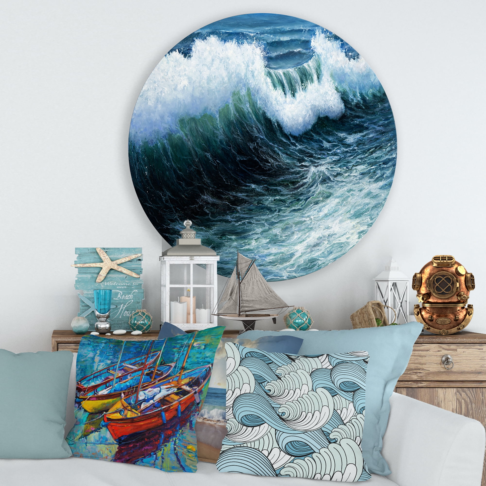 Designart 'The Ocean With Storm Waves' Nautical & Coastal Circle Metal Wall Art 36x36 - Disc of 36
