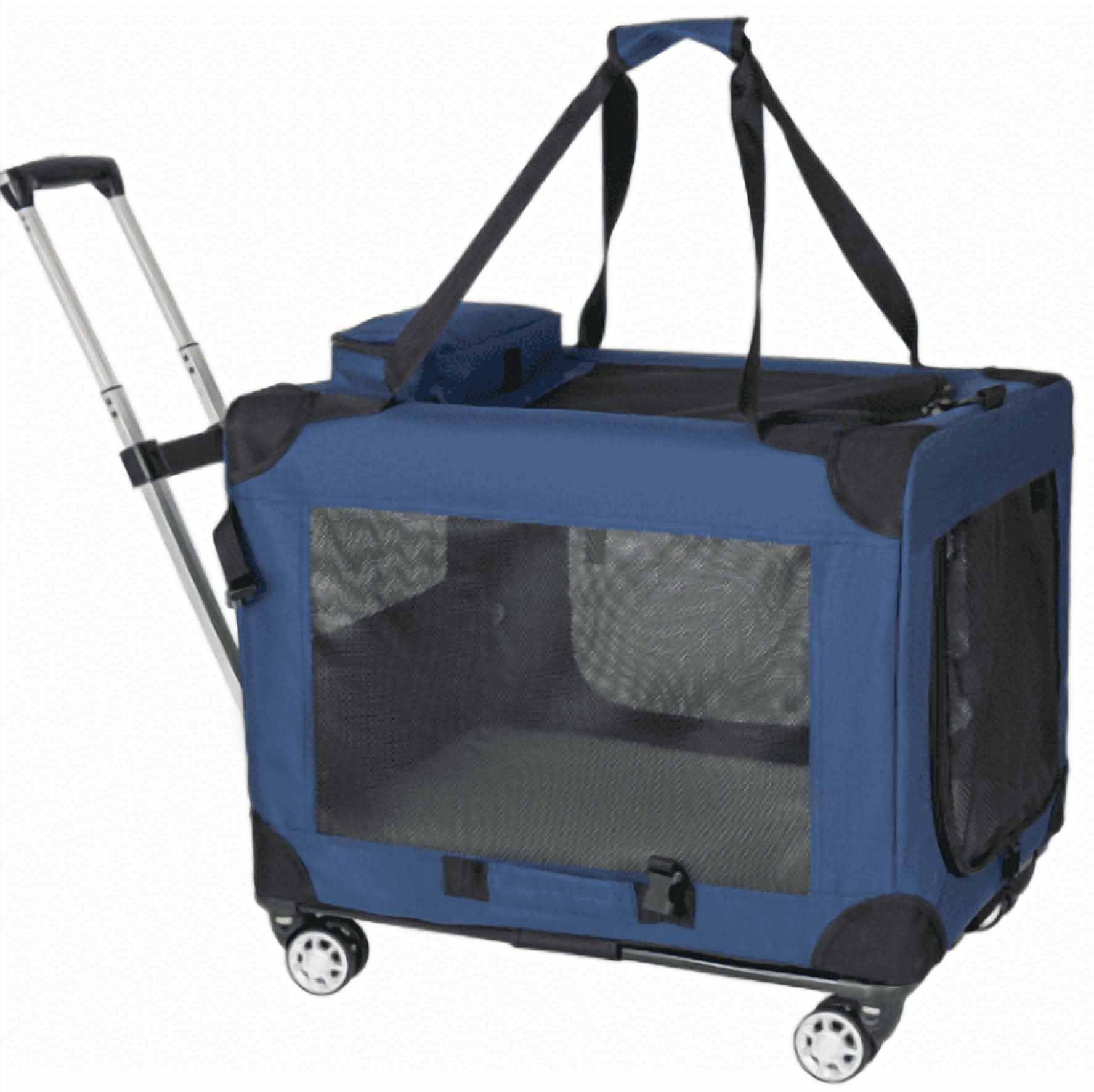 28" Collapsible Rolling Dog Crate 3-Door Mesh Windows Portable Dark Blue