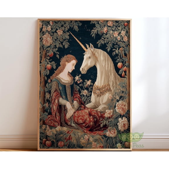 Medieval Unicorn Tapestry Lady And The Unicorn Wall Art Print, Unframed Paper Poster 8x10in