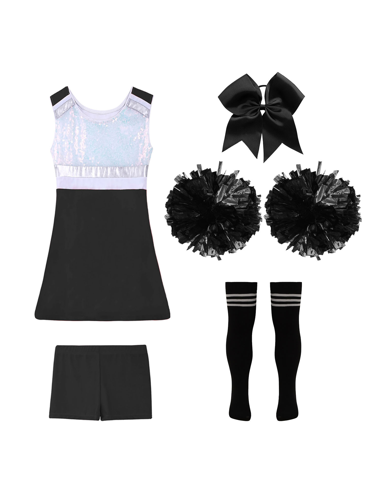 TiaoBug Kids Girls Cheer Leader Uniform Sports Games Cheerleading Dance Outfits Halloween Carnival Fancy Dress Up A Black&White 14 - image 3 of 5