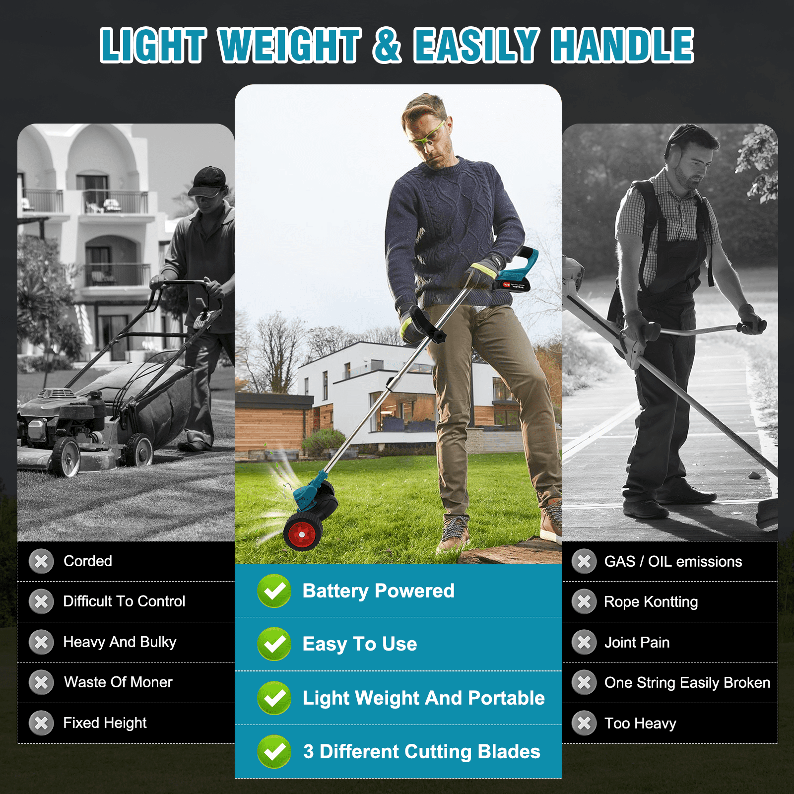 2600mAh Electric Weed Trimmer Cordless-3-in-1 Grass Trimmer & Edger, Rechargeable Weed Wacker for Patio, Lawn, and Yard Maintenance (24V Power)