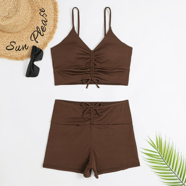 Traje de baño de 2 piezas para mujer, trajes de baño para mujer, traje de baño casual de moda para mujer, bikini de color liso con pliegues planos y diseño calado.