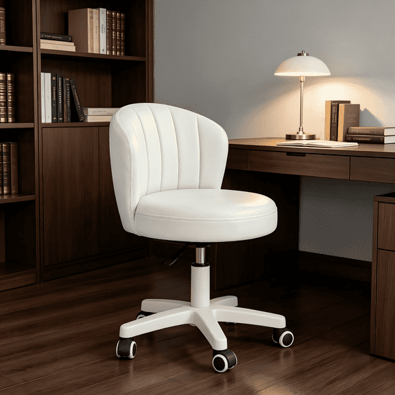 BTFYOU Height Adjustable Scallop Desk Chair, Armless PU Leather Rolling Vanity Stool with Backrest, Compact Computer Task Chair for Bedroom Home Office Set of 1(White)