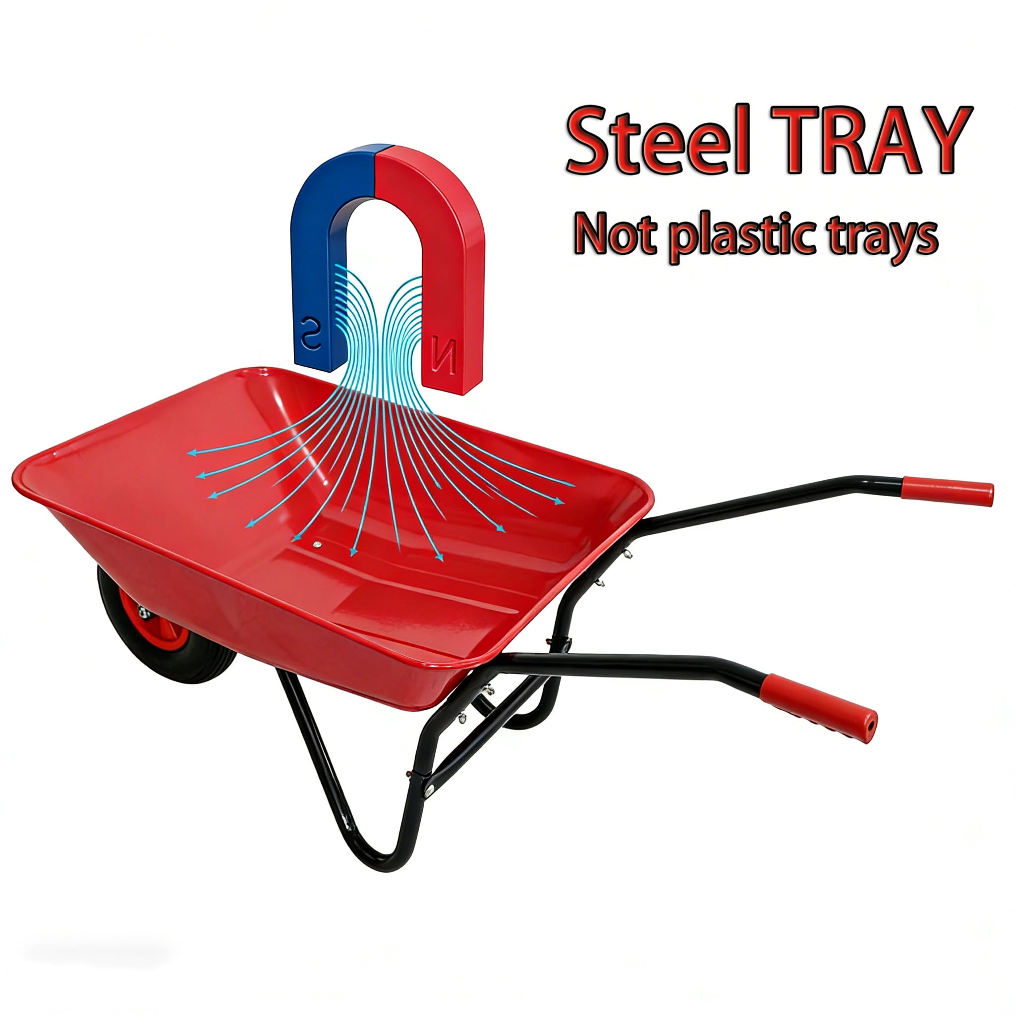Steel Tray Wheelbarrow Trolley, 220 lbs Capacity Garden Wheel Barrow with 12 Inch Pneumatic Wheel, Heavy Duty Metal Handle Utility Trolley, 2.2 Cu.Ft Steel Tray for Gardening Landscaping