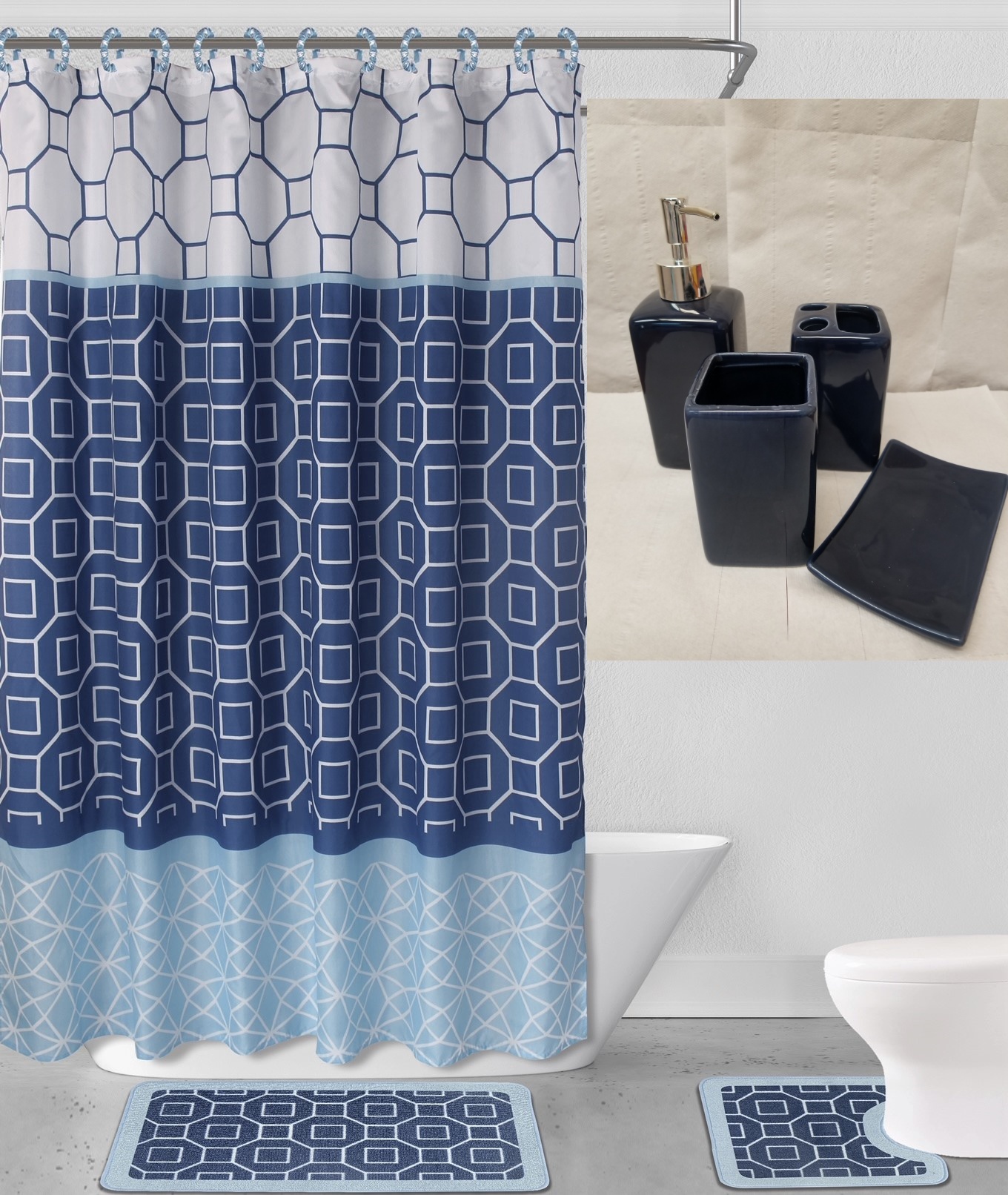 Home Garden 15 Piece Printed Jacquard Bath Set 1 Bath Mat 1 Contour 1 Shower Curtain W Ring Bath
