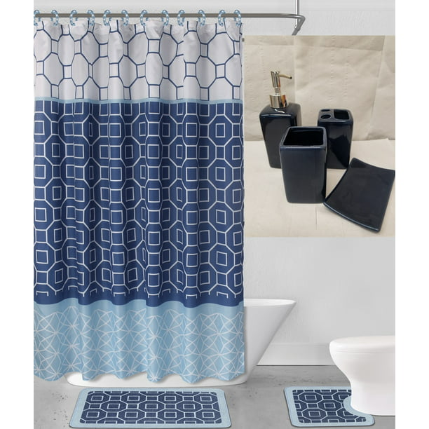 19 Piece Bathroom Set 2 Rugs Mats Non, Chocolate Brown And Blue Shower Curtain
