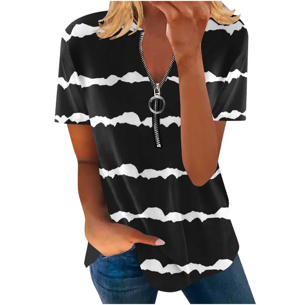Blusa informal elegante de manga corta con cremallera y cuello redondo para mujer OAVQHLG3B Store lin121212