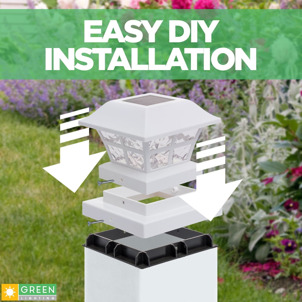 GreenLighting Evolve White Solar Post Cap Lights - 4x4 Post Caps and Outdoor Post Lights - Waterproof Solar Lights for Fence Posts - Solar Post Lights fit 4x4 5x5 Vinyl/PVC White, 4 Pack)