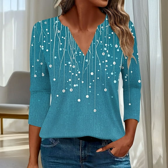 Ounisa 3/4 Sleeve Tops for Women Summer Notched V Neck Printed T Shirts Casual Cute Three Quarter Length Dressy Blouses
