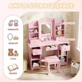 thumbnail image 4 of LAZY BUDDY Kids Vanity Table with 3-Color Lights & Acrylic Mirror, Toddler Makeup Dressing Table with Stool, Drawers & Storage Shelves, Princess Pretend Play Vanity Desk Set with Anti-Tip Device, 4 of 10