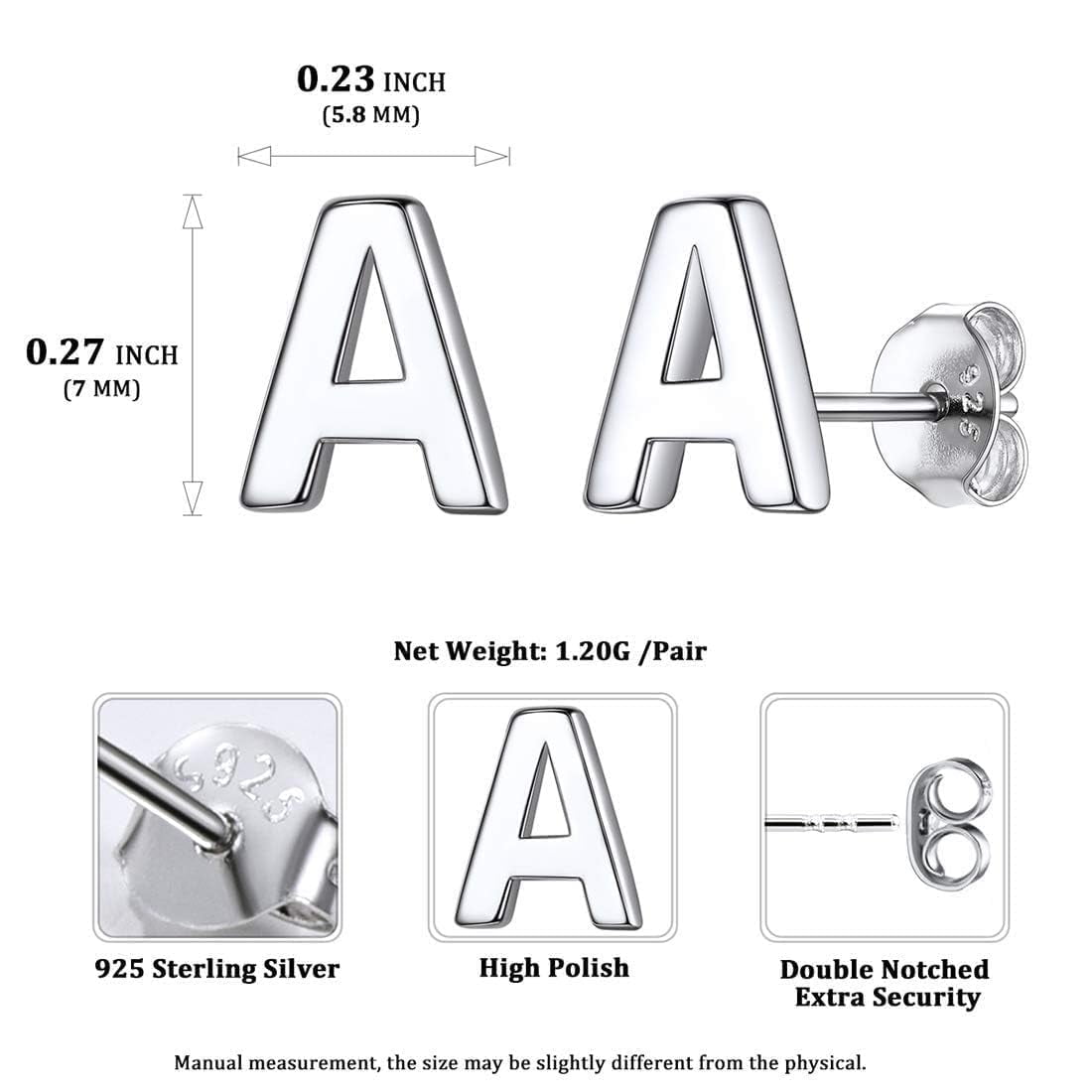 ChicSilver Minimalist 925 Sterling Silver 26 Letters A-Z Stud Earrings Suitable for Sensitive Ears Women Jewelry Gifts Daily Wear (with Gift Box)