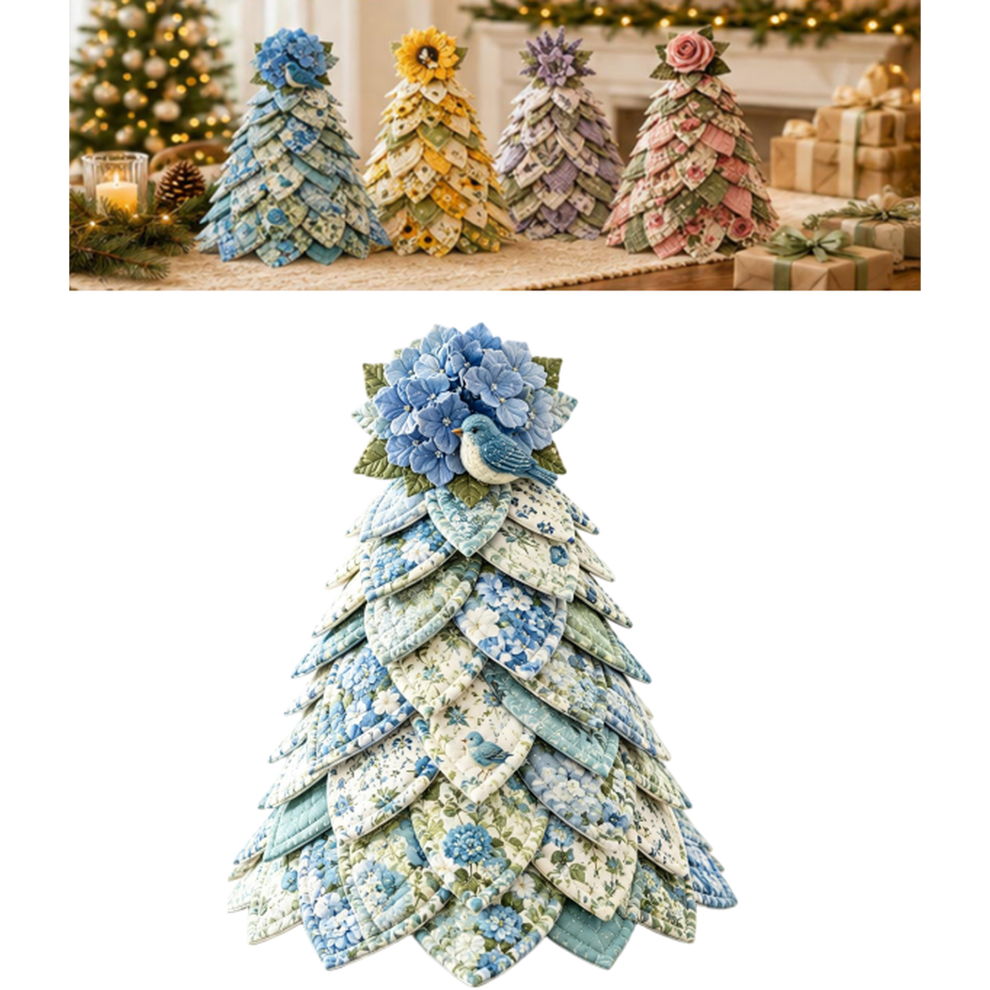 DIY Quilted Christmas Tree Kit 3D Handmade Fabric Tabletop Holiday Decor Multi Character Design Craft Making Set for Indoor Christmas Table Decoration (D)