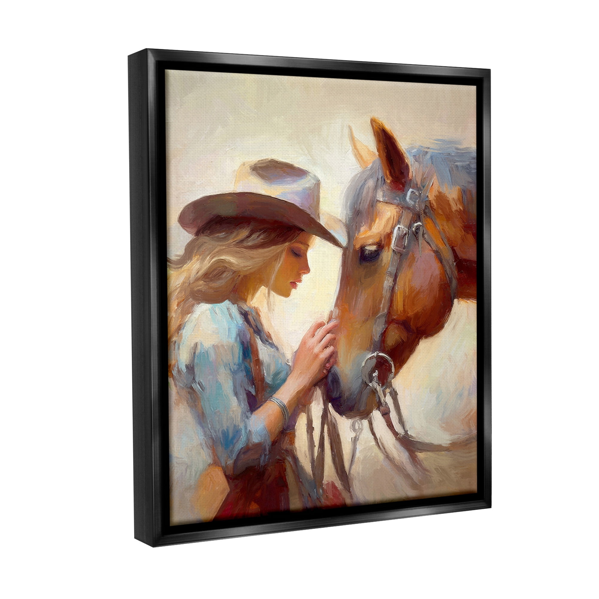 Stupell Industries Country Girl & Horse Animals & Insects Painting Black Floater Framed Canvas Art Print Wall Art, 25 x 31