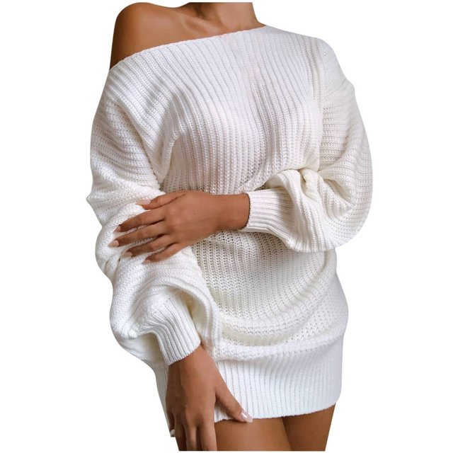 Robe Mini pour Femmes Pull Tricoté à une Épaule Pull-Over Surdimensionné Manches Longues Lanterne Robe Courte (L Blanc)