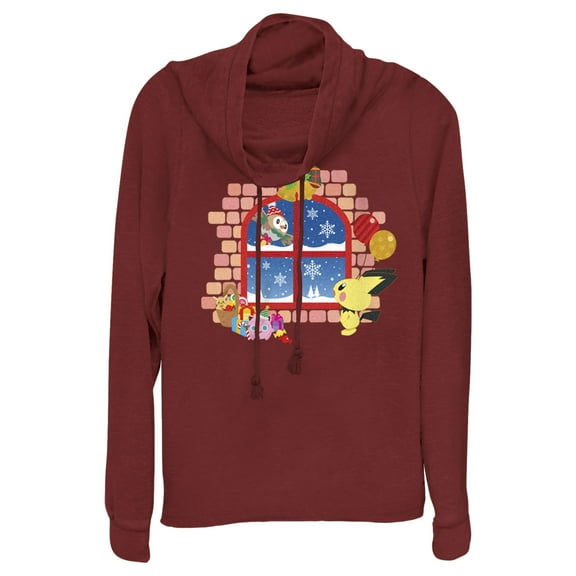 Junior's Pokemon Christmas Window  Cowl Neck Sweatshirt Scarlet Small