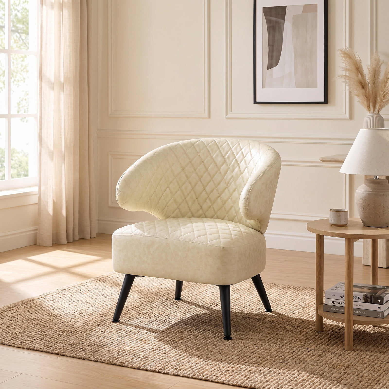 Furnibear Mid Century Modern Accent Chair Diamond Stitched PU Leather Upholstered Armchair with Curved Back for Living Room and Bedroom, White