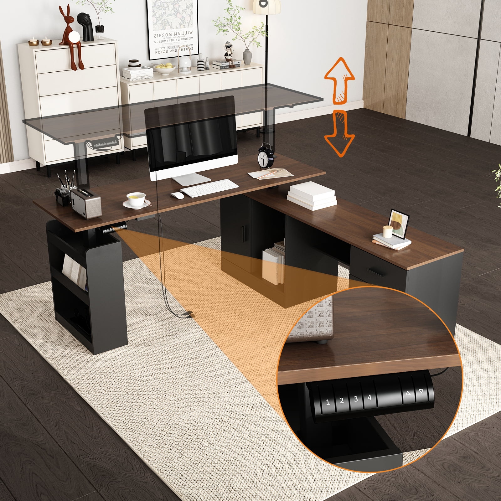 KULAGAGA Electric Standing Desk with Drawers and Shelves, Executive Adjustable Height Desk, L-Shaped Design, 63 inch Tabletop, for Office Deep Brown & Black