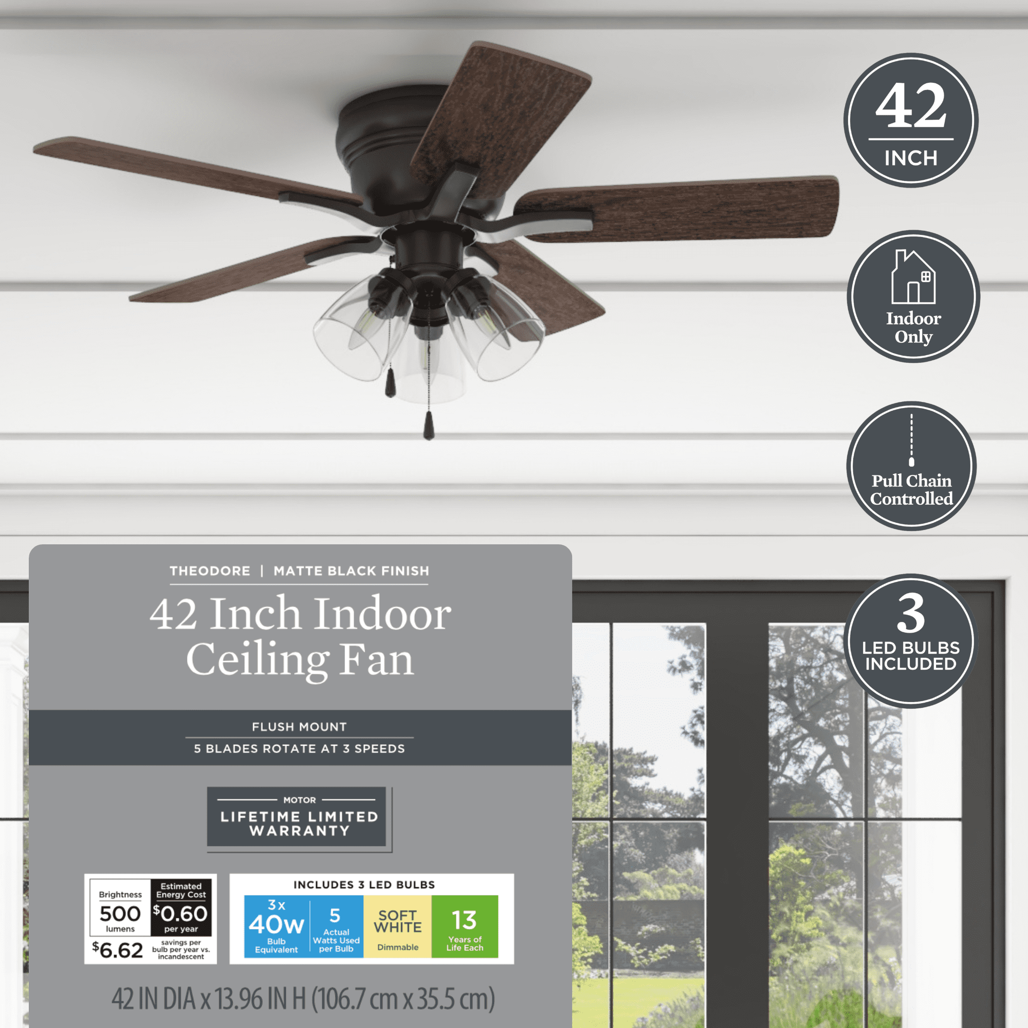 Better Homes & Gardens 42" Black Traditional Indoor Ceiling Fan with Lights, Pull Chain Control & Reverse Airflow