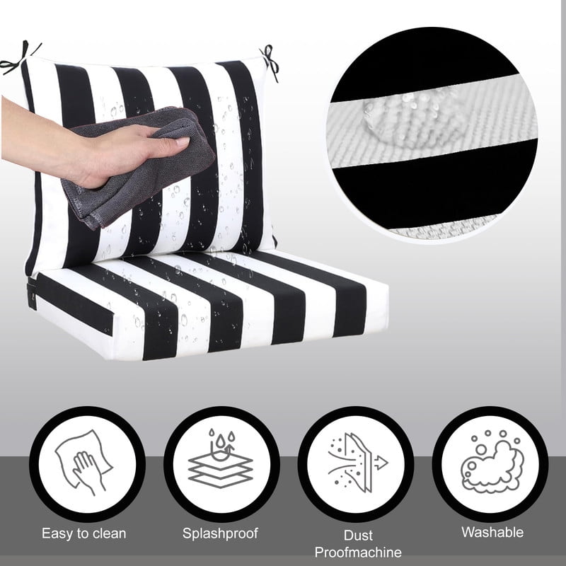 Outdoor deep seat patio cushions set, 24in x 24in, Waterproof Outdoor chair cushions, Replacement patio furniture cushions with Ties（2pc Black and white）