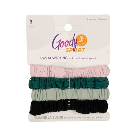 Goody Sport Scrunchies - 4 Ct, Green/Pink Assortment, Sweat-Wicking, No Damage Hair Ties