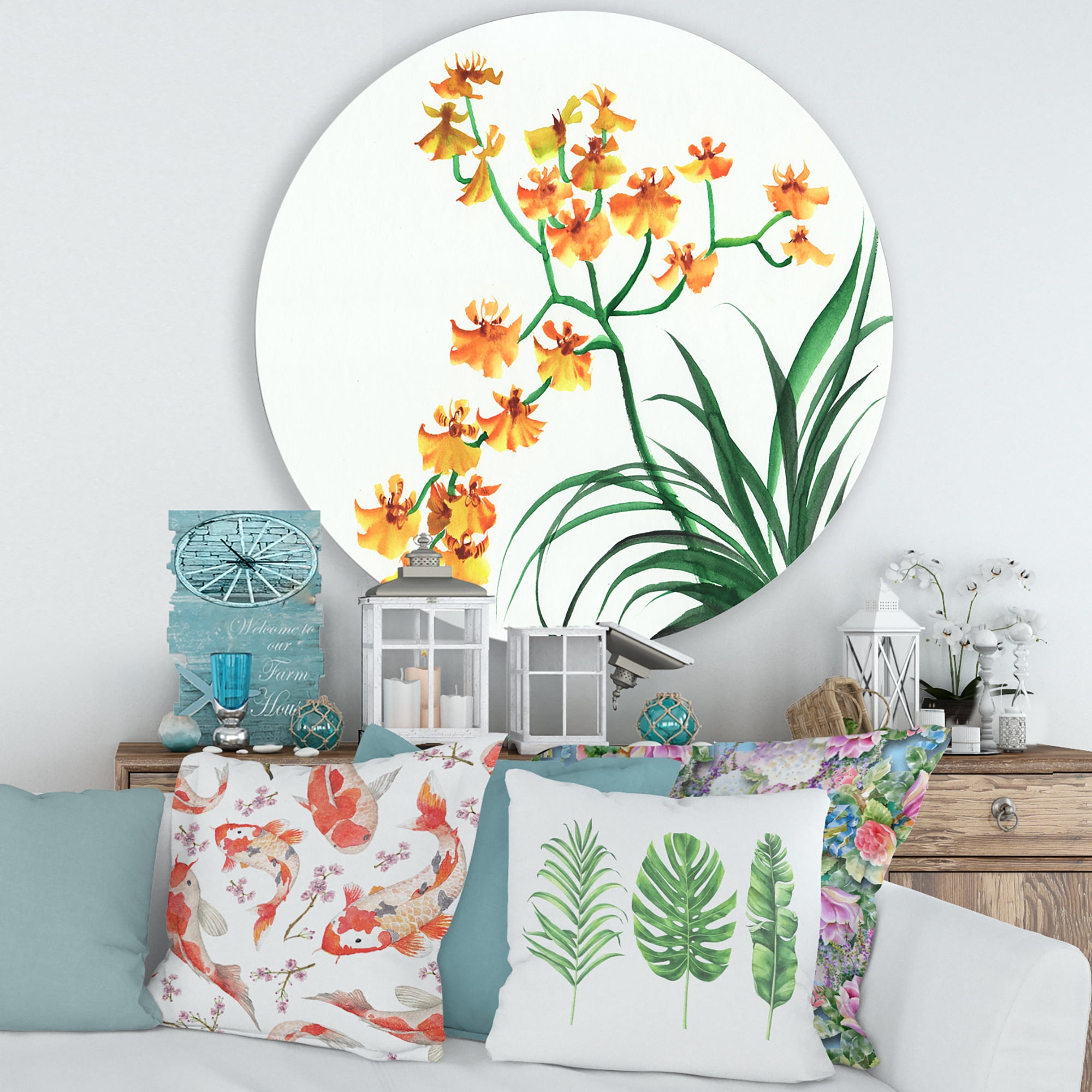 Designart 'Yellow Vintage Orchids On White' Traditional Circle Metal Wall Art 29x29 - Disc of 29