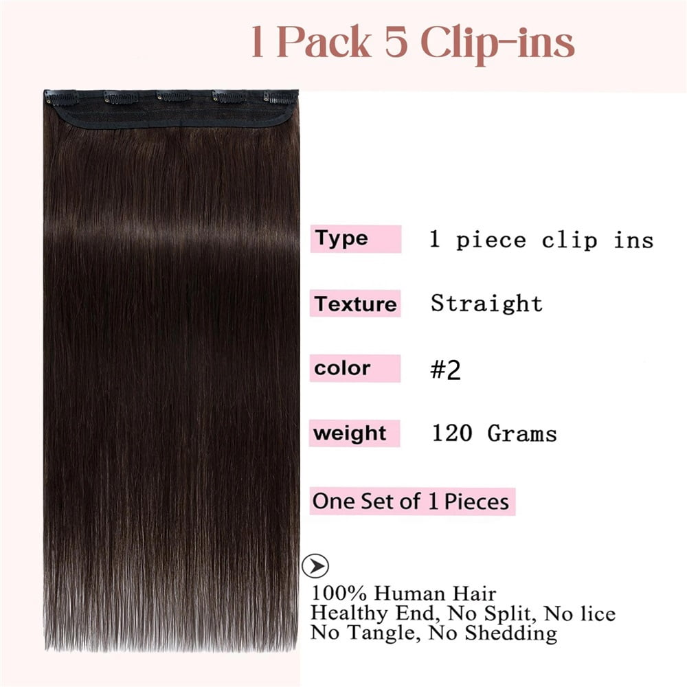Dark Brown Clip in Extensions One-piece 5 Clips Straight Clip Human Hair Half Head Wide Standard 120g